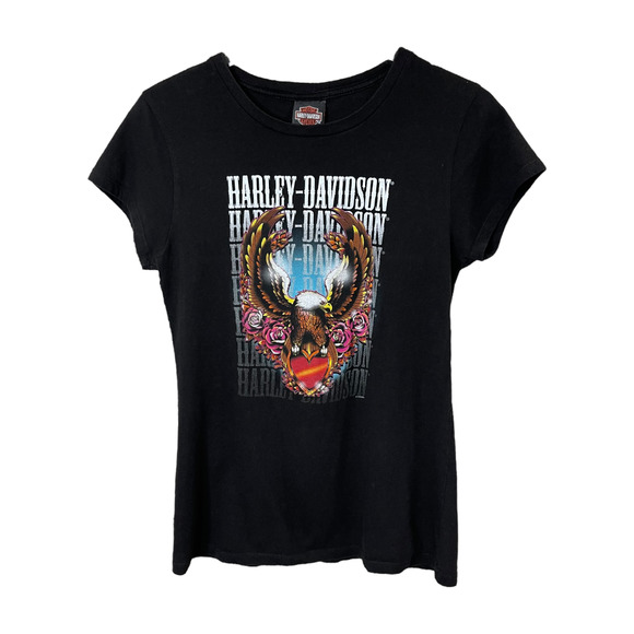 Harley-Davidson Tops - Harley Davidson Y2K Graphic Tee XL Fitted Biker Babe Eagle Heart Black Shirt